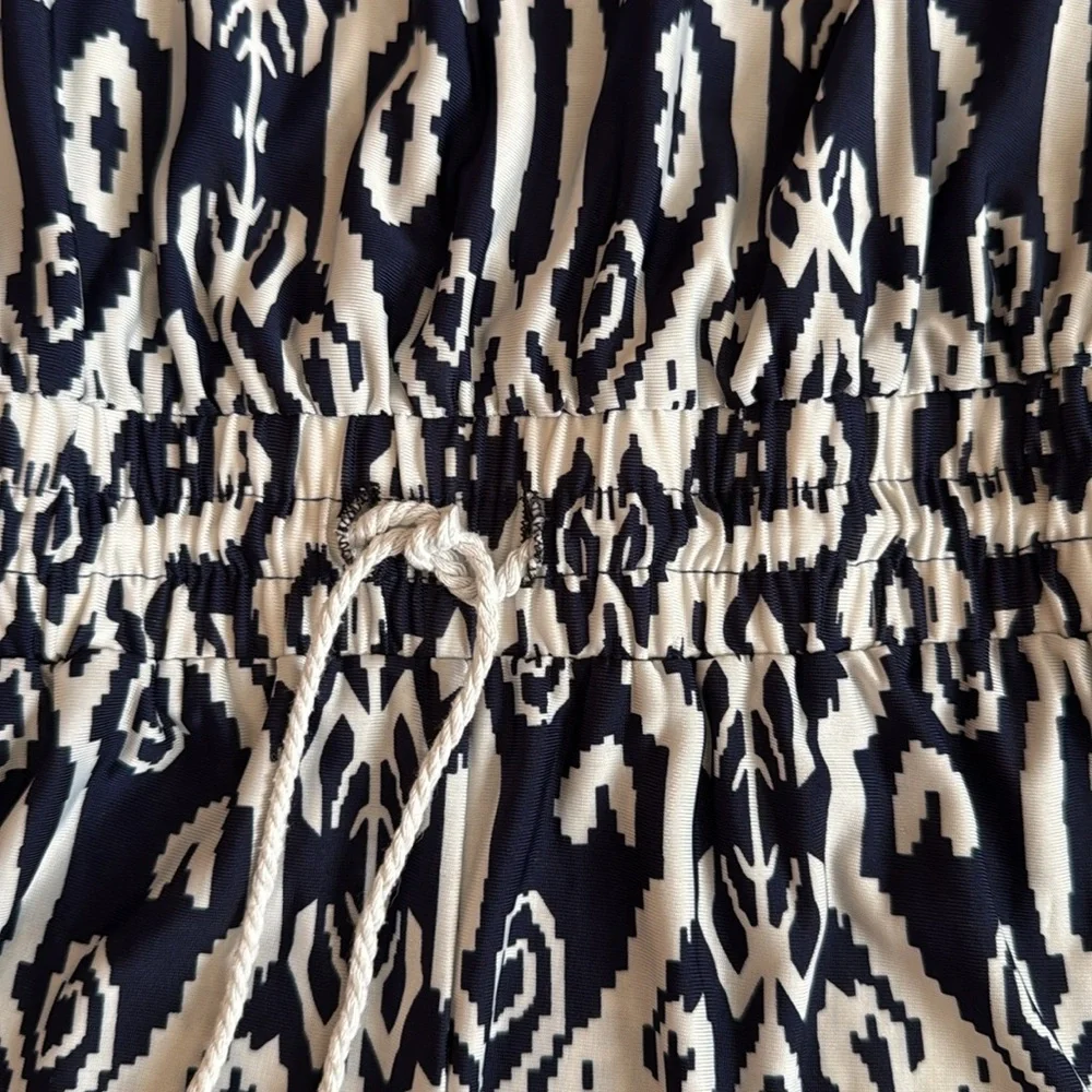 STRAPLESS TRIBAL PRINT NAVY WHITE ROMPER TIE WAIST SIZE L/XL